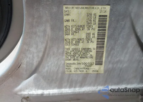 2015 Nissan Titan Sl from USA, damaged, VIN 1N6BA0EC3FN500512